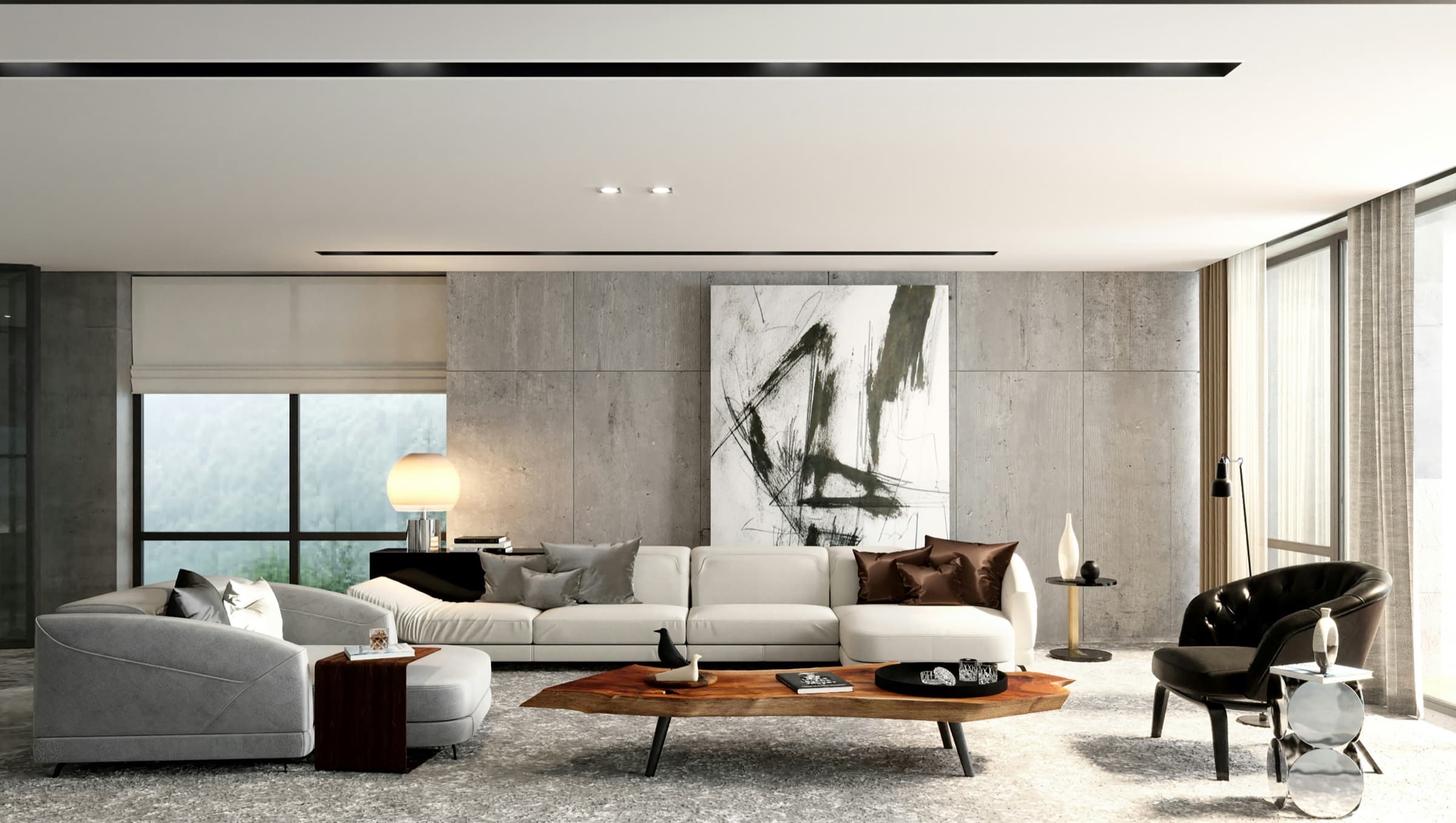 A large open-plan living room with a pale sectional, concrete walls and a live-edge timber coffee table.